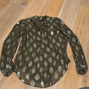 Hale Bob Tie Front Long Sleeve Top Blouse with Metallic Pattern